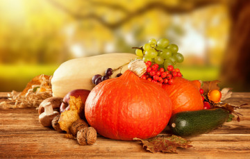 обоя еда, фрукты и овощи вместе, осень, виноград, яблоки, грибы, тыква, фрукты, овощи, урожай