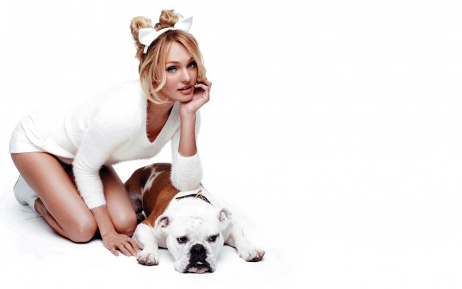 Обои картинки фото девушки, candice swanepoel, блондинка, модель, фон, белый, собака, поза, девушка, кэндис, свейнпол, candice, swanepoel