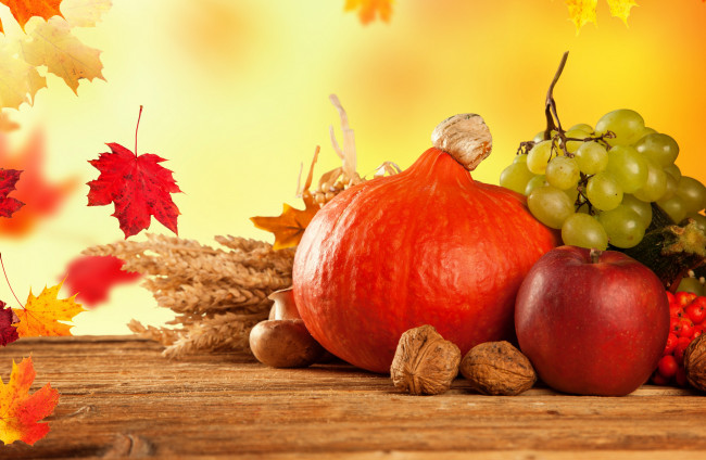 Обои картинки фото еда, фрукты и овощи вместе, осень, урожай, виноград, грибы, яблоки, тыква, фрукты, овощи