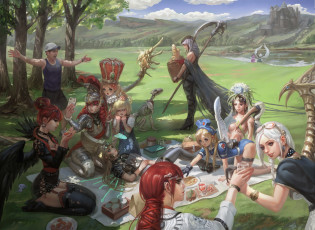Картинка фэнтези существа пикник пейзаж люди берег река девушки деревья фантазия герои