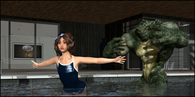 Обои картинки фото 3д графика, фантазия , fantasy, девушка, взгляд, фон, бассейн, существо