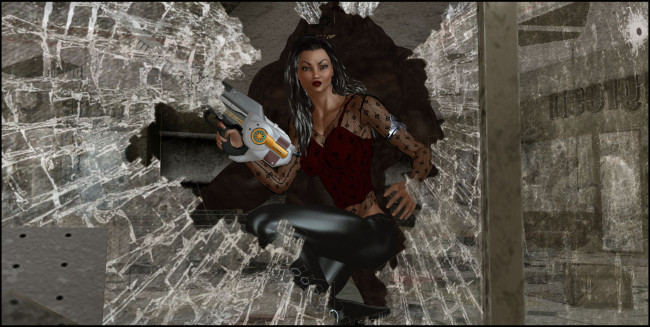 Обои картинки фото 3д графика, фантазия , fantasy, девушка, взгляд, фон, оружие