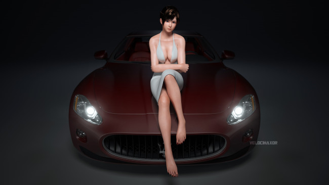 Обои картинки фото автомобили, 3d car&girl, фон, взгляд, девушка, автомобиль