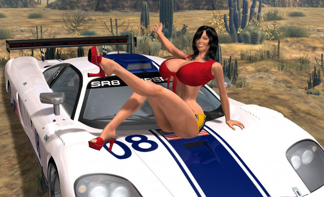 Обои картинки фото автомобили, 3d car&girl, автомобиль, улыбка, фон, взгляд, девушка