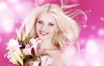 Картинка девушки -unsort+ лица +портреты блондинка блики улыбка макияж настроение цветы лилии фон прическа букет боке девушка портрет