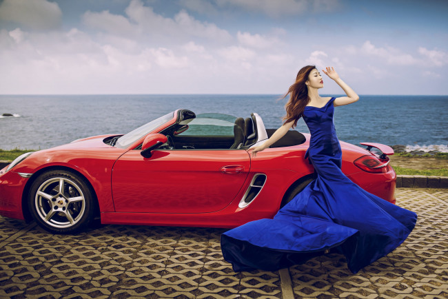 Обои картинки фото автомобили, -авто с девушками, фигура, машина, платье, азиатка, авто, поза, море, девушка, кабриолет, porsche, набережная, стиль