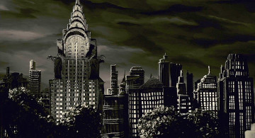 Картинка рисованное города деревья ночь здание