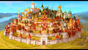 обоя рисованное, города, дворец, купол, собор, водоем, крепость