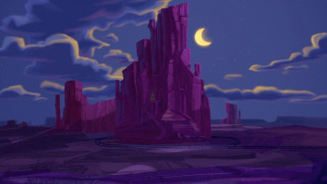 Картинка рисованное природа облака луна ночь рельсы скала