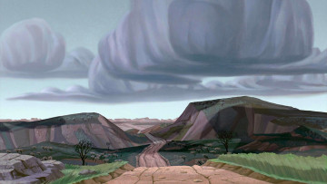 Картинка рисованное природа растения холм дорога облака