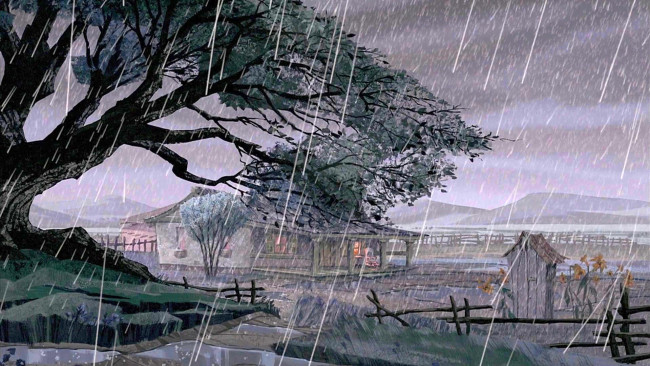 Обои картинки фото рисованное, природа, дом, растения, дерево, холм, дождь