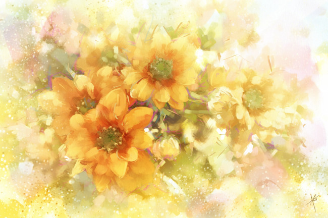 Обои картинки фото рисованное, цветы, оранжевый, хризантемы