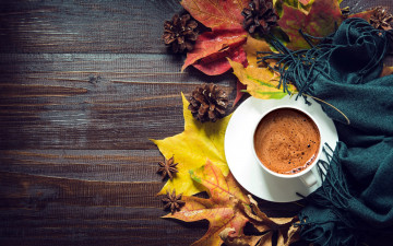 Картинка еда кофе +кофейные+зёрна шишки листья осень