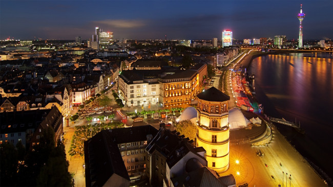 Обои картинки фото города, - огни ночного города, городской, вид, ночь, дюссельдорф, германия, сверху, огни