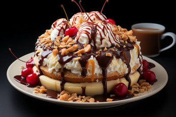 Картинка еда мороженое +десерты вишни сироп орехи