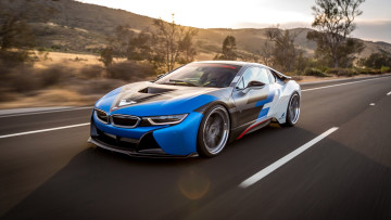 обоя bmw i8, автомобили, bmw, синий, дорога, скорость, горы