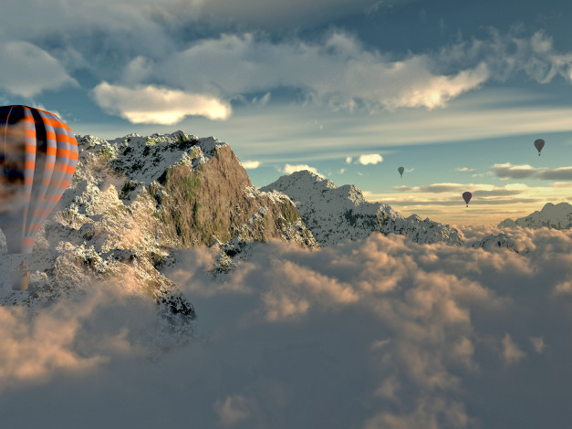 Обои картинки фото 3д, графика, nature, landscape, природа, облака, горы, воздушные, шары