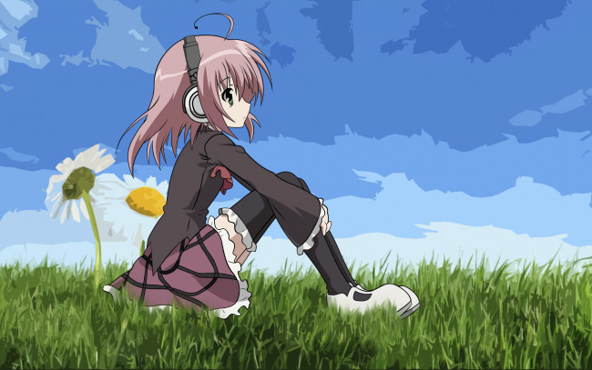 Обои картинки фото аниме, seitokai, no, ichizon, ромашки, девочка, наушники, трава, небо