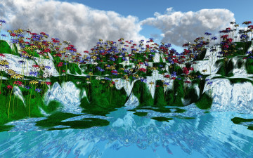 Картинка 3д графика nature landscape природа цветы камни вода облака