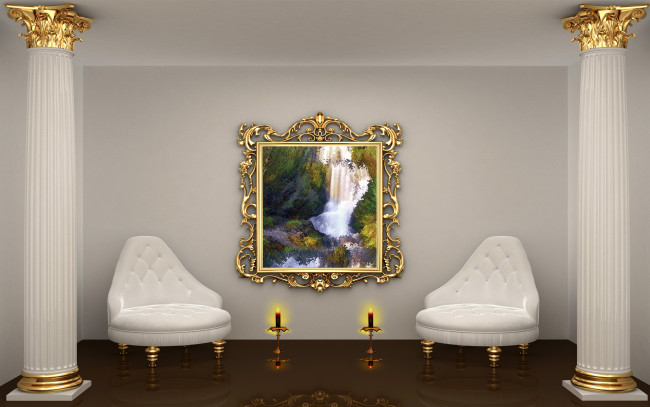 Обои картинки фото 3д, графика, realism, реализм, свечи, картина, кресла, колоны