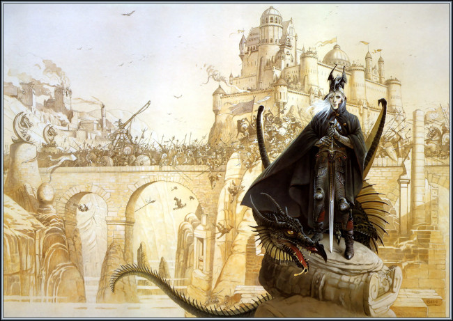 Обои картинки фото chris, achilleos, elric, фэнтези, драконы, мост, замок, элрик, воин, рыцарь, дракон, война, армия