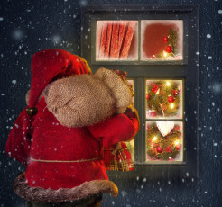 Картинка праздничные дед мороз елка окно мешок санта