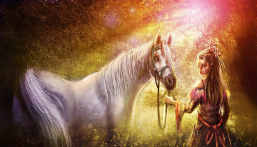 Картинка рисованные живопись свет конь девушка zahid raza khan лес лошадь