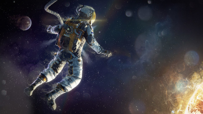 Обои картинки фото космос, арт, энергия, звезда, астронавт, планета, скафандр