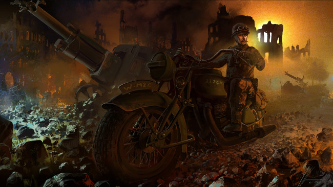 Обои картинки фото рисованные, армия, пушка, мотоцикл