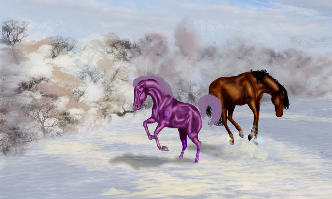 Обои картинки фото рисованные, животные, лошади, деревья, снег