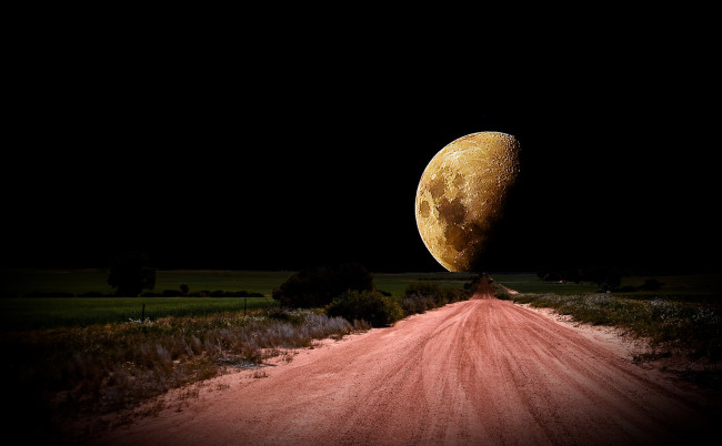 Обои картинки фото космос, луна, горизонт, дорога, поле