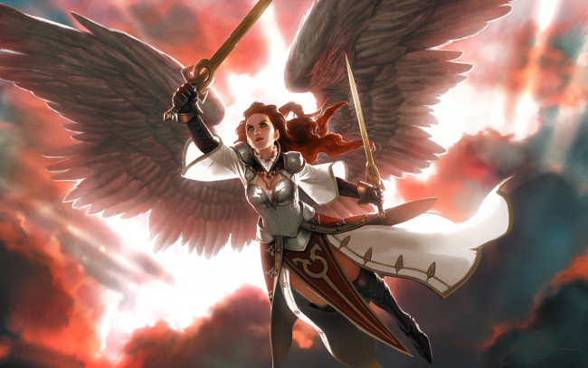 Обои картинки фото фэнтези, magic, the, gathering, крылья, мечи, ангел