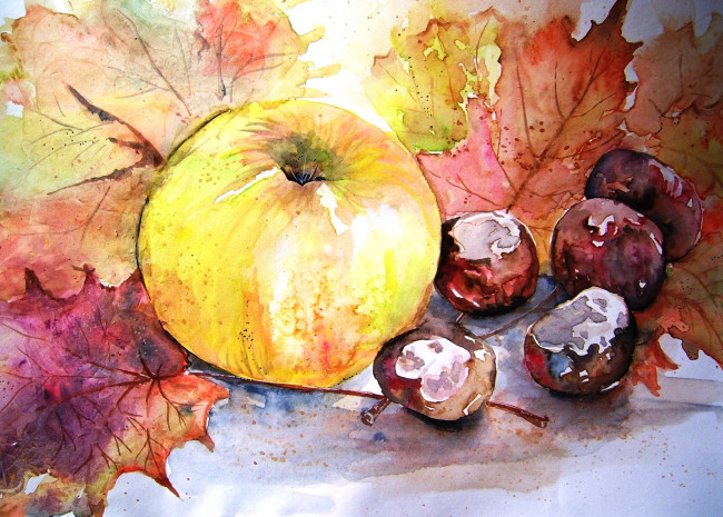Обои картинки фото рисованные, еда, листья, каштаны, яблоко, акварель