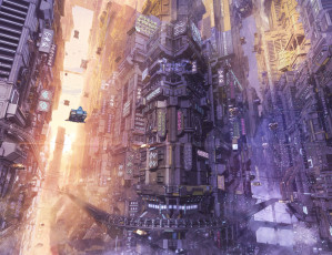 Картинка аниме -weapon +blood+&+technology arsenixc город фантастика здания летающий транспорт