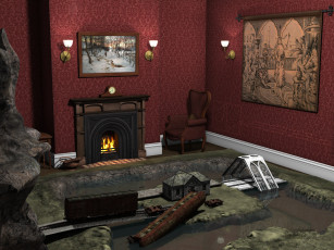 Картинка 3д+графика реализм+ realism комната камин картины светильники