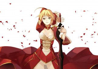 Картинка аниме fate stay+night оружие девушка saber арт меч белый фон лепестки взгляд блондинка
