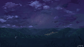 Картинка аниме *unknown+ другое город небо ночь девушка облака арт вёзды
