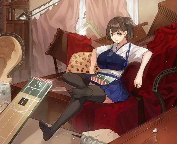 Обои картинки фото аниме, kantai collection, подушка, диван, разгром, комната, девушка
