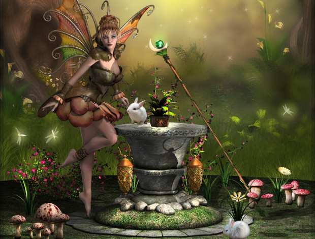 Обои картинки фото 3д графика, эльфы , elves, девушка, взгляд, фея, жест, кролики, грибы, цветы