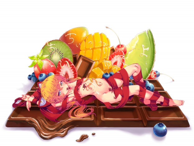 Обои картинки фото аниме, *unknown , другое, черника, манго, белый, фон, еда, фрукты, шоколад, клубника, ананас, ягоды, киви, ленты, вишня, связана, взгляд, девушка