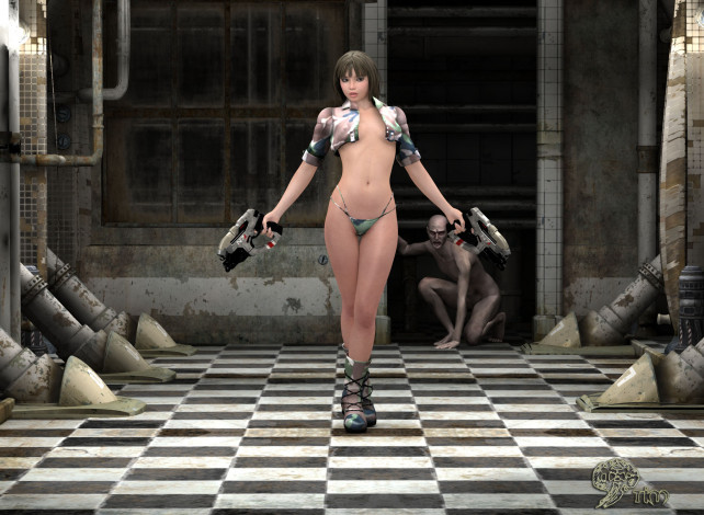 Обои картинки фото 3д графика, фантазия , fantasy, девушка, взгляд, оружие, существо