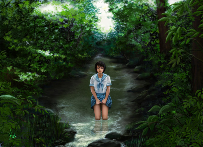 Обои картинки фото аниме, *unknown , другое, природа, река, зелень, растения, вода, арт, листья, eeotoko, девушка
