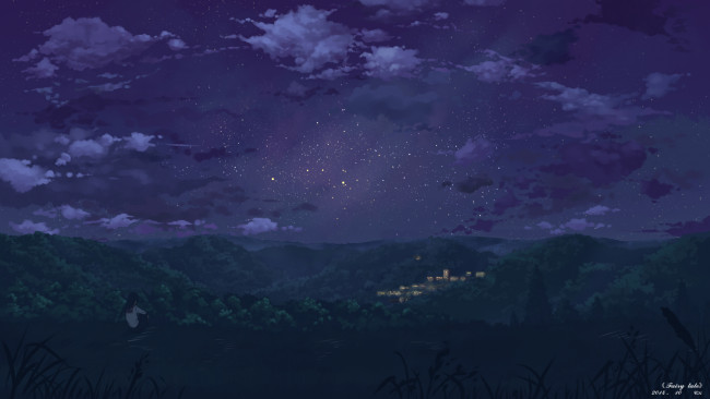 Обои картинки фото аниме, *unknown , другое, город, небо, ночь, девушка, облака, арт, вёзды