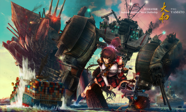 Обои картинки фото аниме, kantai collection, море, арт, девушка, цепь, механизмы, гиганты, корабли, война