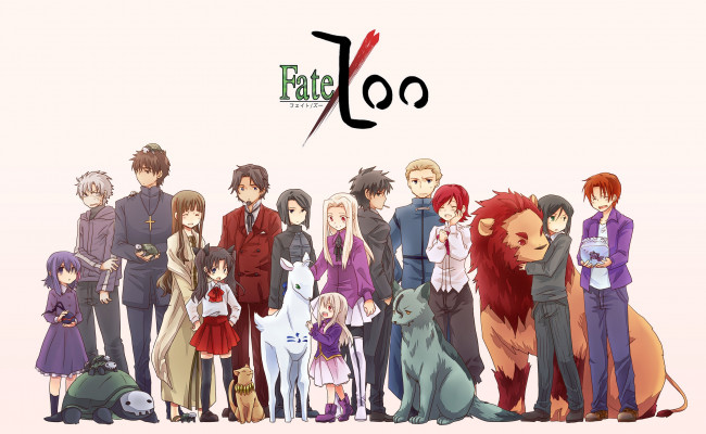 Обои картинки фото аниме, fate, zero, светлый, фон, девушки, надпись, девочка, животные, парни, арт