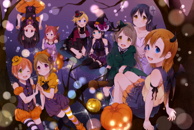 Обои картинки фото аниме, -halloween & magic, девушки, праздник, арт, костюмы, деревья, тыквы