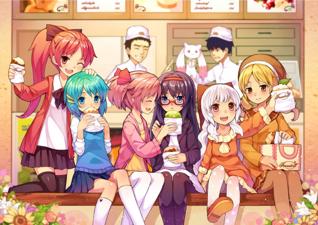 Обои картинки фото аниме, mahou shoujo madoka magika, парни, меню, цветы, еда, кролик, повара, кафе, девушки
