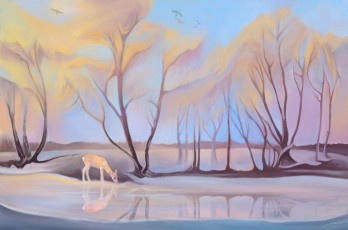 Картинка рисованное живопись природа snowmarite деревья косуля