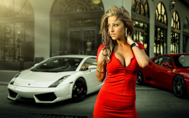 Обои картинки фото автомобили, -авто с девушками, lambo, dress, red, in, woman, gallardo