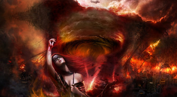Картинка фэнтези девушки девушка огонь смерч город маска кровь нож